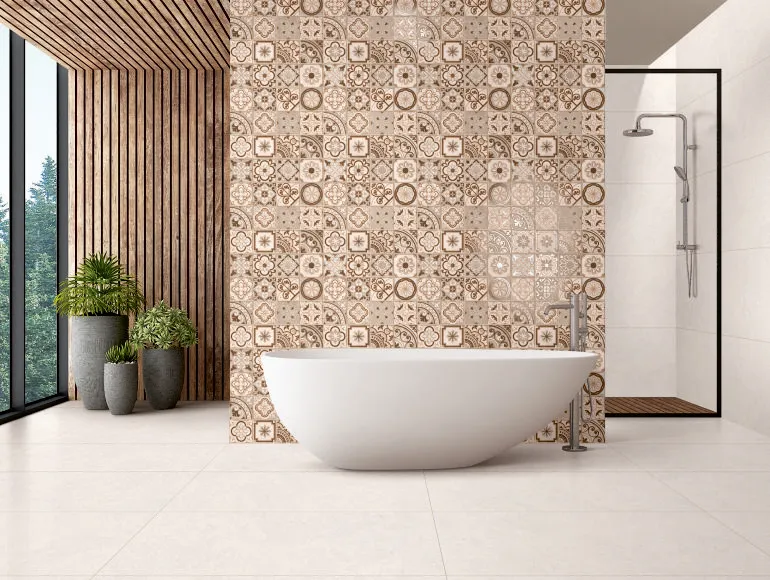 Beige bathroom design showcasing Coquina Sand Creama tiles, shower area, and window view